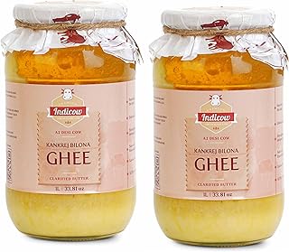 Indicow Organic Dairy A2 Cow Ghee | (2 Packs Of 1 Litre) | Bilona Ghee | Grass Fed Desi Cows | Kankrej Cows | 100% Pure An...