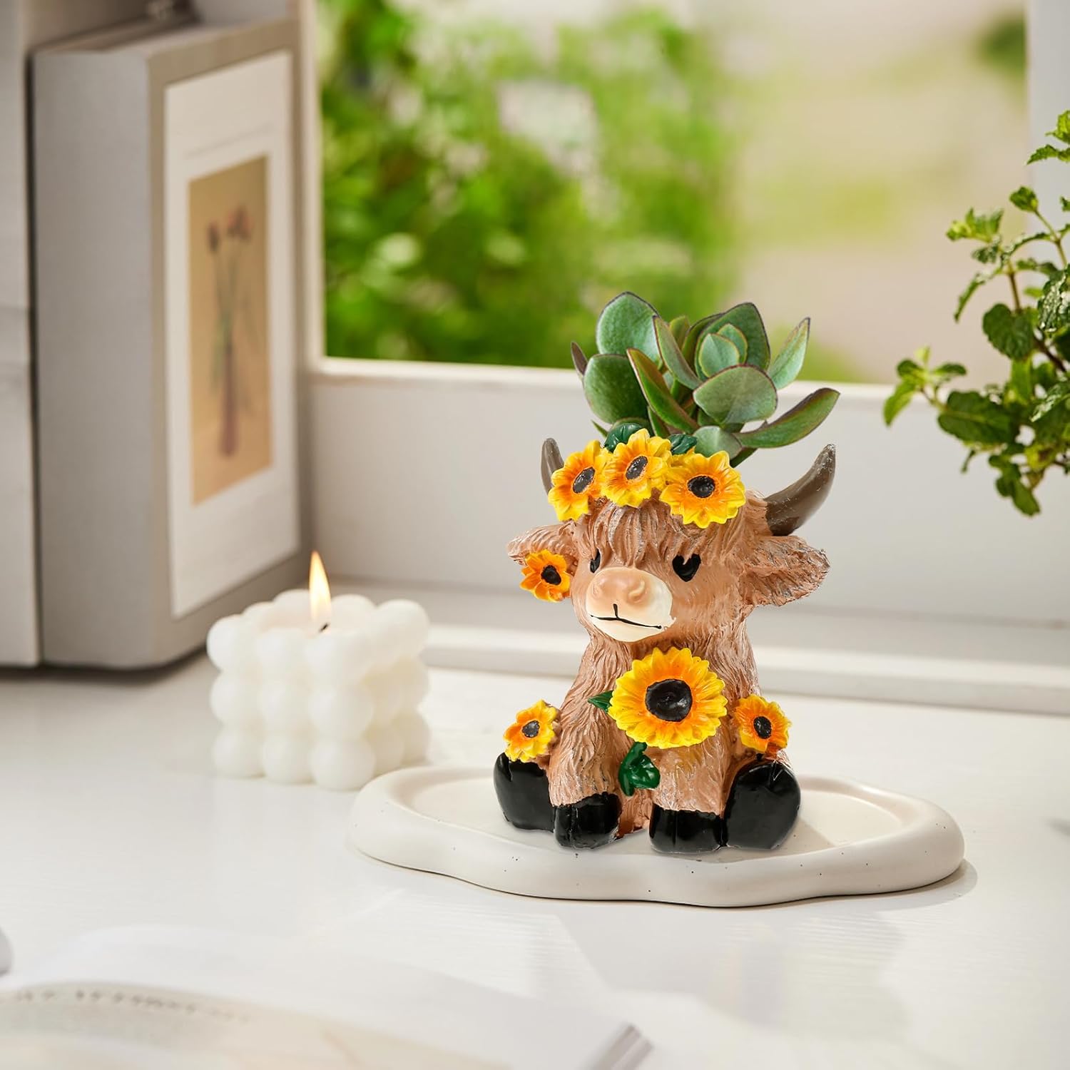 Highland Cow Planter, Resin Succulent Plant Pot, Sunflower Highland Cow Planter Decor Funny Containers for Backyard Balcony Home Garden Decor Gifts, Yellow (Style A) - Image 4