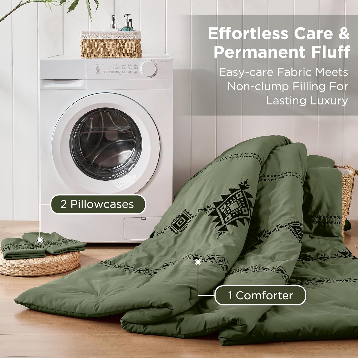 Embroidered Boho Comforter Set King Size, 3-Piece Western Shabby Chic Bedding Set - Fluffy Ultra Soft Microfiber with Intricate Design, Includes 1 Green Comforter(102"x90") & 2 Pillowcases