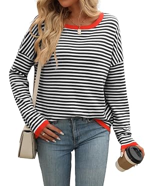 Womens Pullover Sweater - Loose-Fitting Striped Warm Top Fall Winter Casual Wear for Vacations Daily Use