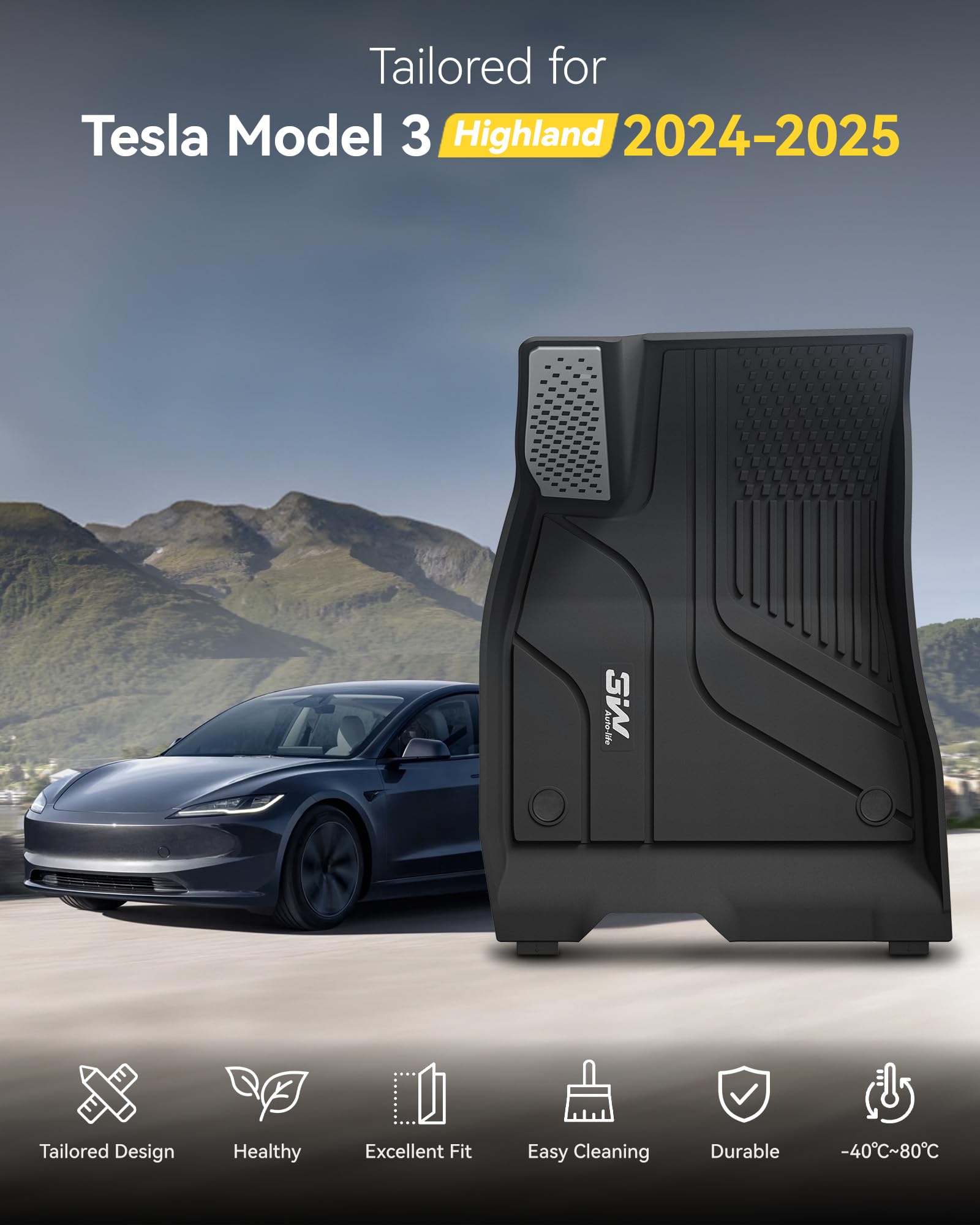 3W Dywaniki Samochodowe dla Tesla Model 3 Highland 2024-2025, Dywany z Thorex™ Samochodu Antypoślizgowe i Wodoodporne, Dywaniki Podłogowe Premium
