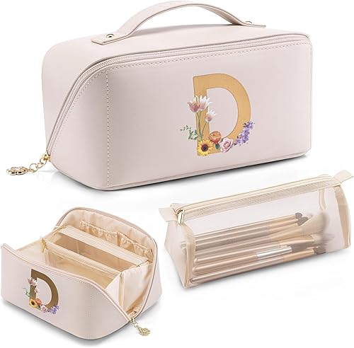 Vlando Bolsa de maquillaje con inicial, regalos personalizados para mujer, Blanco-D