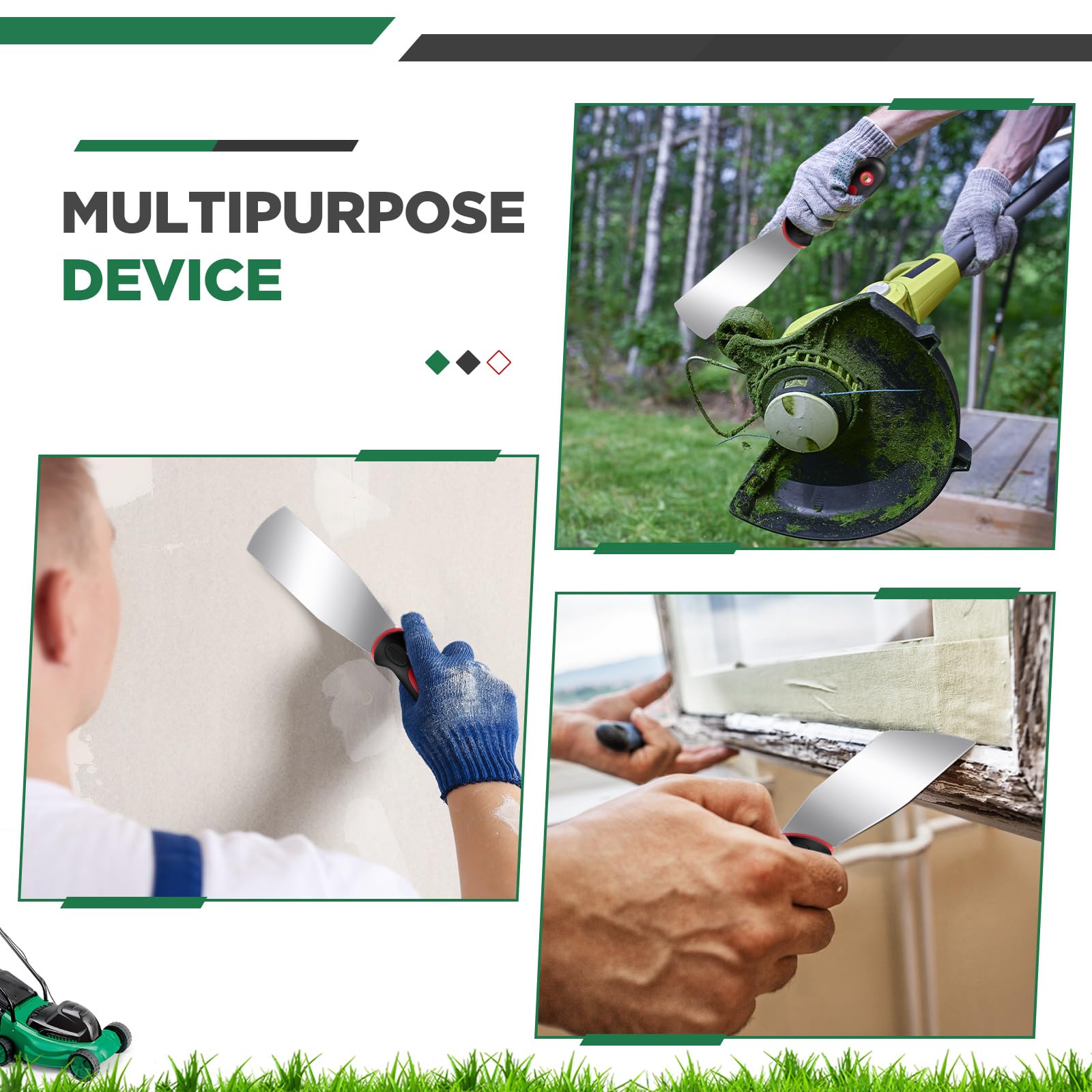 Threlaco 4 raspadores de cubierta de mantenimiento para cortacésped de 2 pulgadas, herramienta de accesorios de acero inoxidable resistente con mango antideslizante de goma para limpieza de cubierta