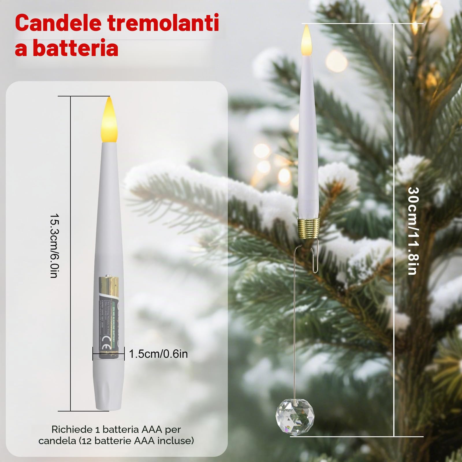 Candele LED Decorative per Albero di Natale: Palle di Cristallo, Telecomando Regolabile, 12 Pile AAA Incluse, Sicure Senza Fiamma