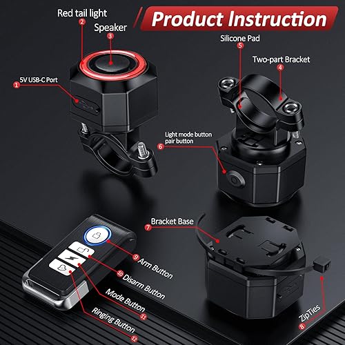 Miniatura 8 de Alarma de bicicleta con control remoto, luz trasera de bicicleta y luz de freno encendidoapagado automático USB-C recargable, sistema de alarma de