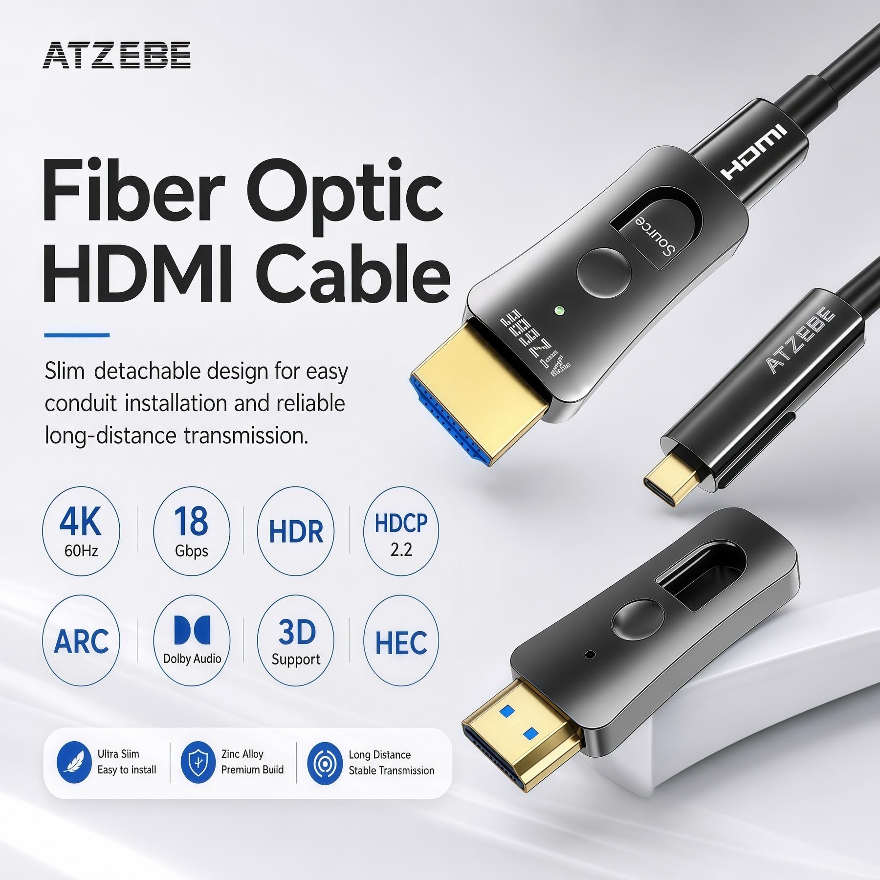 Światłowodowy kabel HDMI 10 m, kabel HDMI 2.0 obsługuje 4K przy 60 Hz HDR, wysoka prędkość 18 Gb/s, YCbCr 4:4:4 8bit, 3D, ARC, HEC, CEC, HDCP 2.2 z podwójnym standardowym złączem HDMI i micro