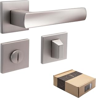 APECS Türgriffe innentüren Modern Türklinke für Haustür und Innentür mit quadratisch Rosetten Türgriff niсkel matt Drückergarnitur mit Befestigungsmaterial Türbeschlag Modell ATRIA WC - Badezimmer