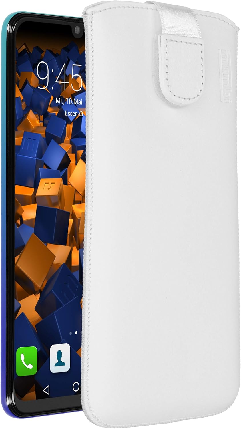 mumbi Genuine Leather Case Compatible with Huawei P Smart (2019) with Flap and Pull-Out Tab White