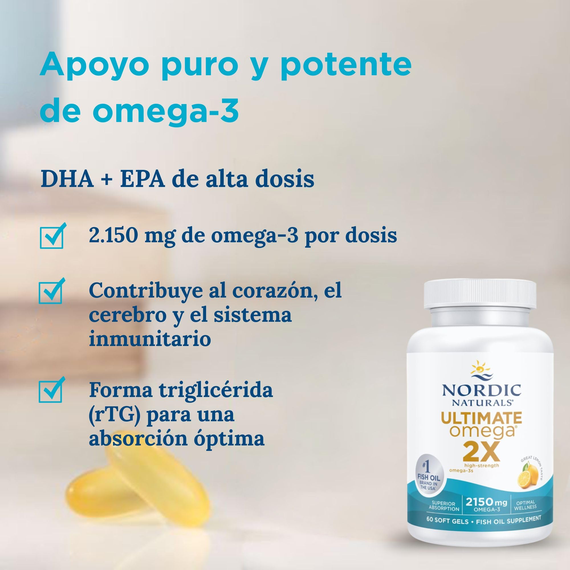 Nordic Naturals, Ultimate Omega 2X, 2150mg Omega-3, Aceite de Pescado con EPA y DHA, 60 Cápsulas blandas, Sabor Limón, Testado en Laboratorio, Sin Soja, Sin Gluten, No GMO