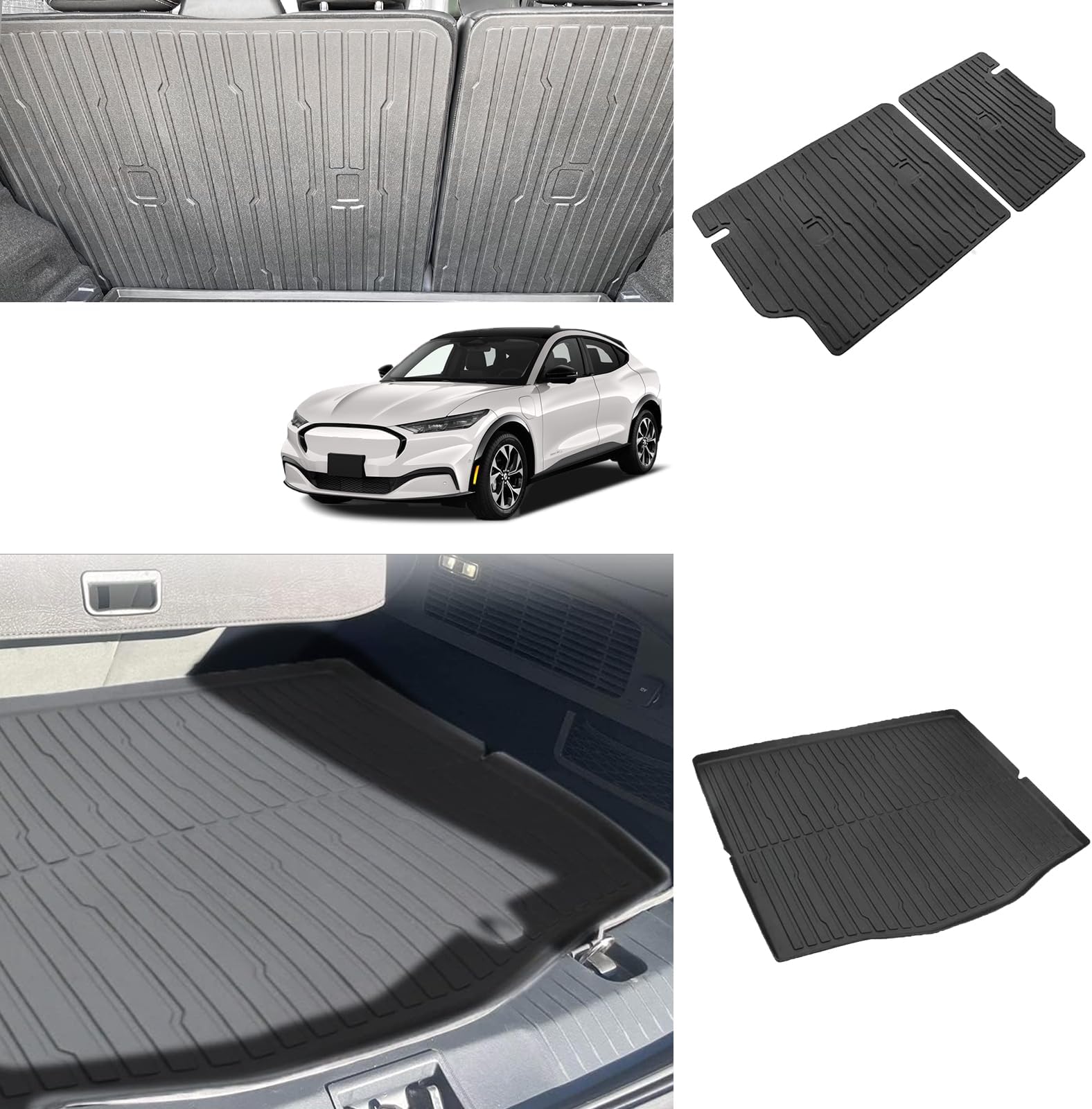 BestEvMod Vehicle Mat Cargo Liner Compatible with Mustang Mach E 2021-2026 Cargo Liner Trunk & Second Row Seats Back Mat Set of 2 All Weather Seat Protector Mat(Trunk Mat+Seats Back Cover)