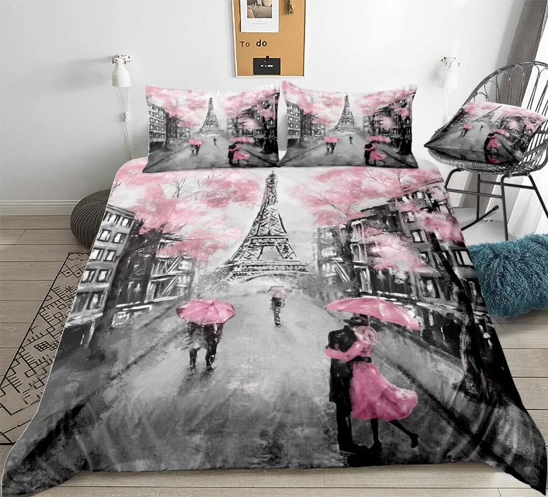 QBIDCSX Bedding Double Duvet Set Paris Bedding Double Bed Set - Microfibre Quilt Cover 230x220 cm - Comforter Cover with 2 Pillowcases(Double)