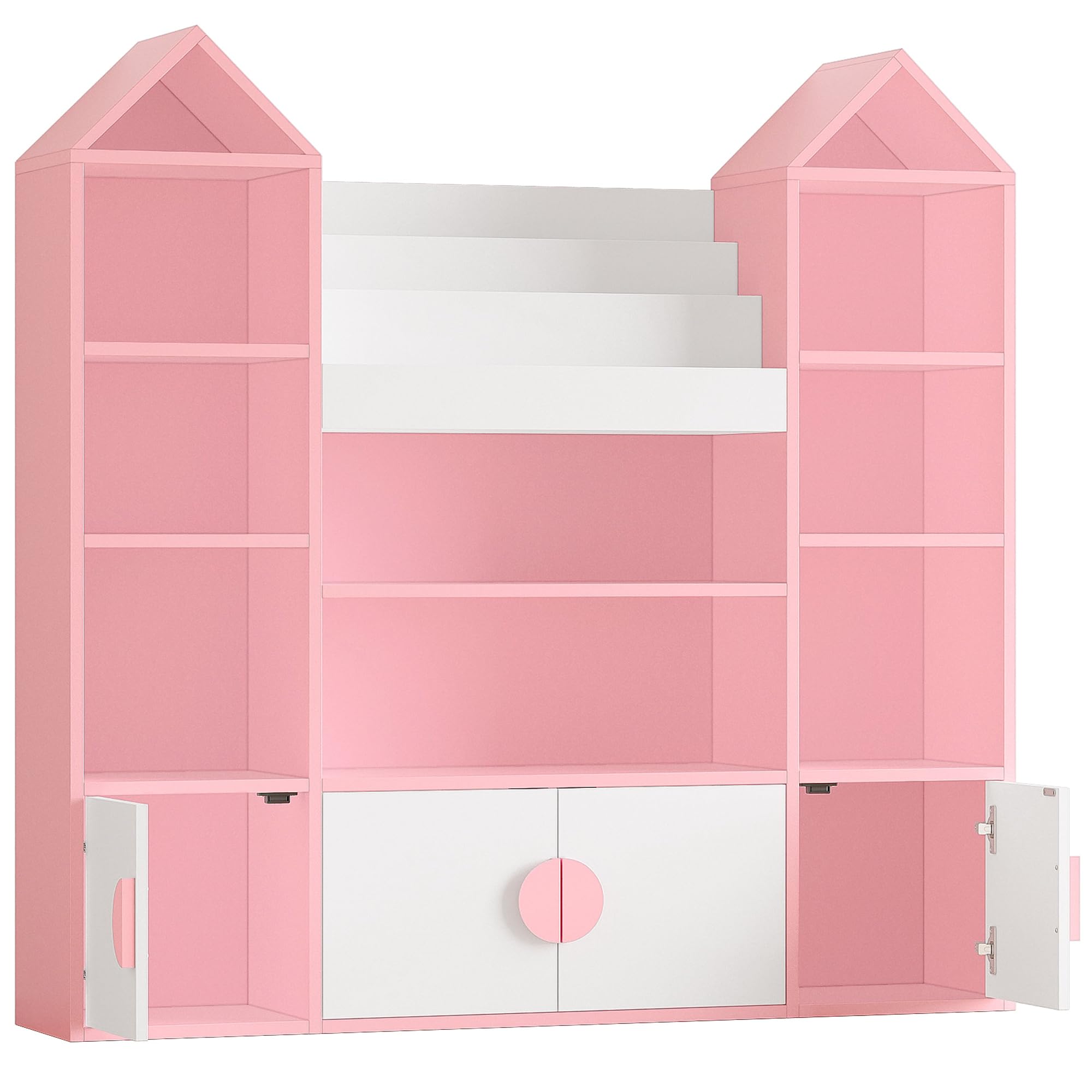 IRONCK Bibliothèque Enfant, Meuble Rangement Jouet, Meuble de Rangement Enfant, Étagère Ouverte à 4 Portes et 10 Étages, Design château, adapté d'enfant, Salon, Salle de Jeux 123.5x33x127cm (Rose)