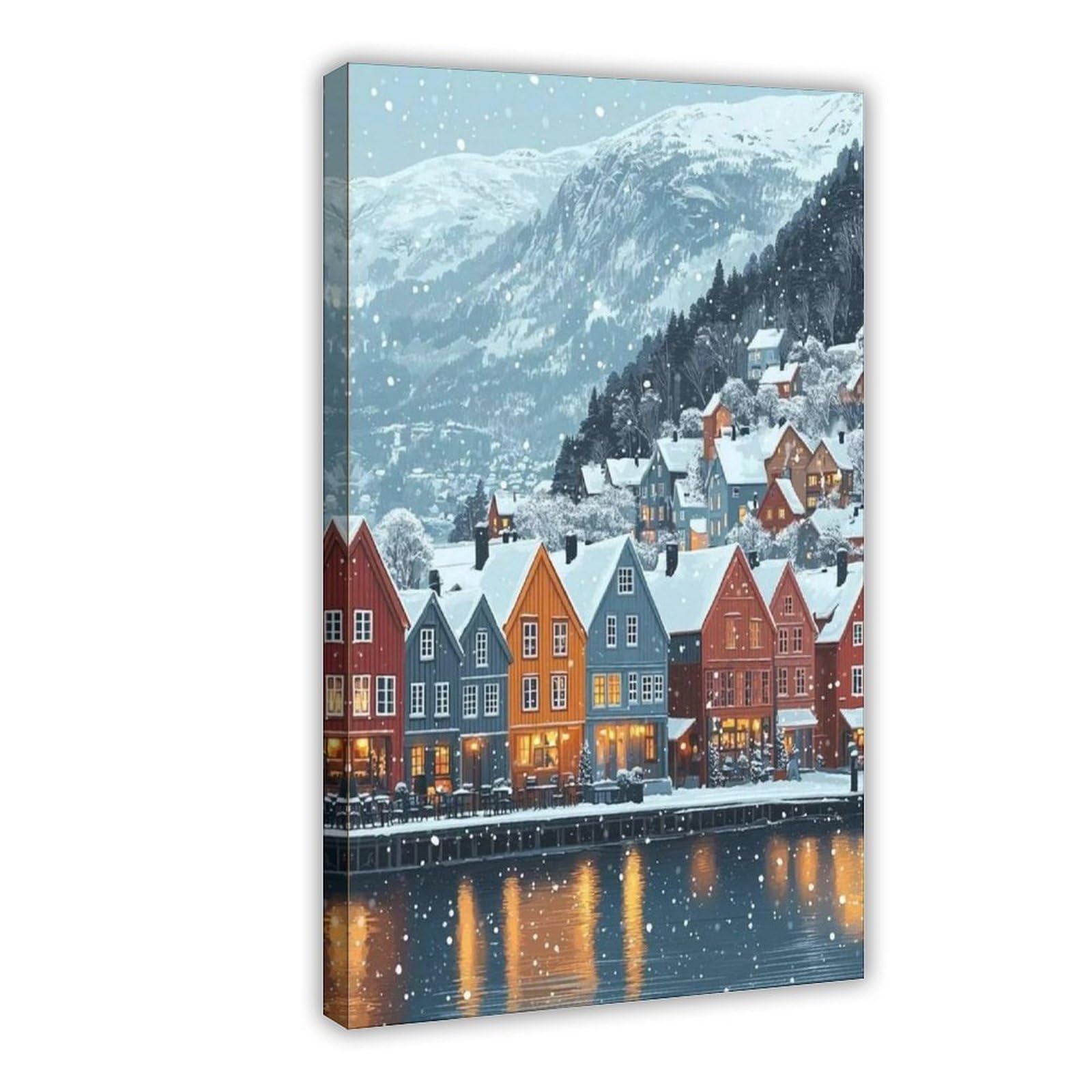 Goiaegag Bergen Winter Bryggen Art Print Canvas Poster Wall Art Decor Print Picture Paintings For Living Room Bedroom Decoration 08X12inch(20X30cm)
