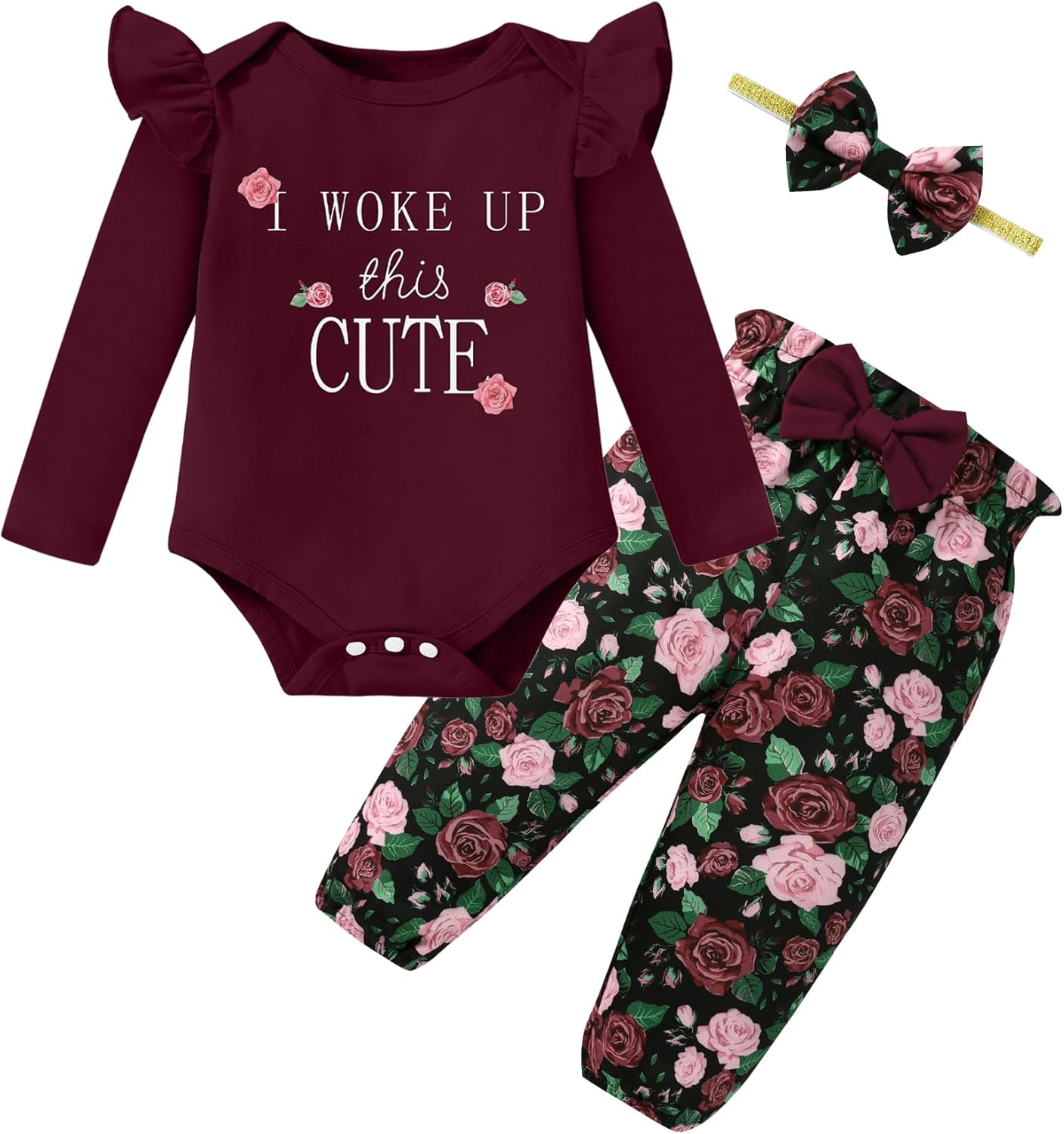 Baby Girl Clothes Newborn Infant Cotton Ruffle Romper+ Floral Pants + Headband Sets Fall Winter Outfits