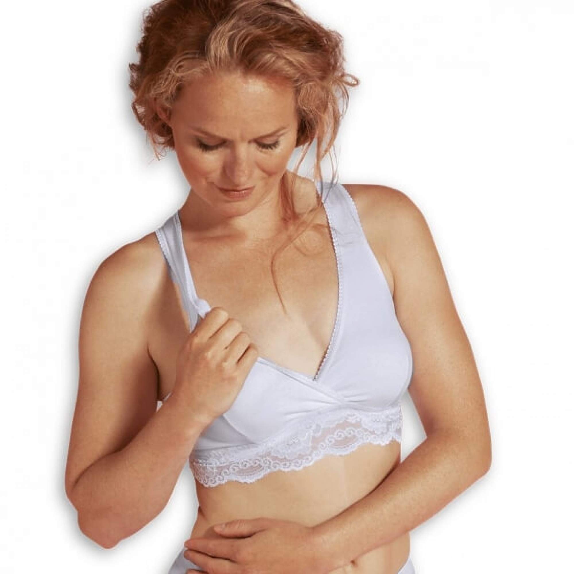 Carriwell Women's Weiß Organic Crossover Nursing Bra, Sleep And Pregnancy Bustier With Soft Lace, Ideal For The Night, Made Of Organic Cotton, Non-Iron, Seamless[White][Large]