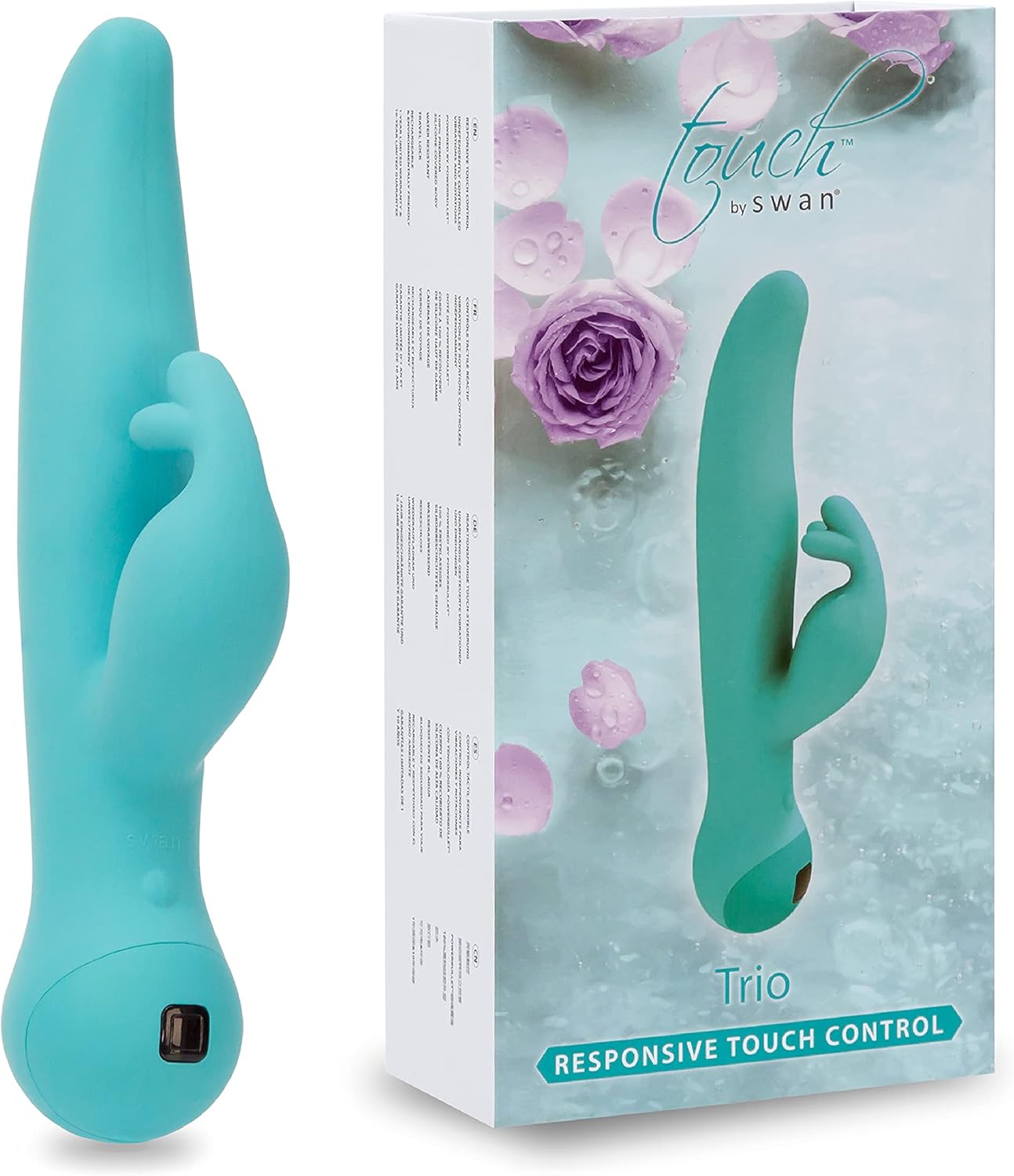 Swan Touch Trio Vibrator with Touch Activation/Control, Dual Stimulation, 3 Pronged Rabbit Form Rechargeable Water-Resistant Design, Teal