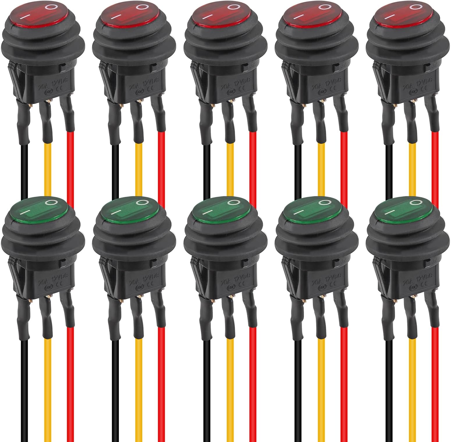 10pcs 12V 20A Round Blue Toggle LED Rocker Switch On-Off Control SPST 3Pins for 12V Car Truck Boat Marine Off-Road Vehicle with 30pcs Wires (Red + Green)