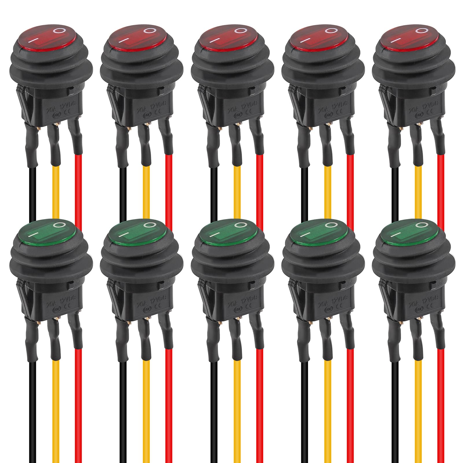 10pcs 12V 20A Round Blue Toggle LED Rocker Switch On-Off Control SPST 3Pins for 12V Car Truck Boat Marine Off-Road Vehicle with 30pcs Wires (Red + Green)