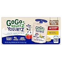 Vista 4 de GoGo squeeZ YogurtZ Paquete variado, fresa y plátano, 3 onzas (paquete de 20), aperitivos para niños hechos de yogur real y fruta, no necesita