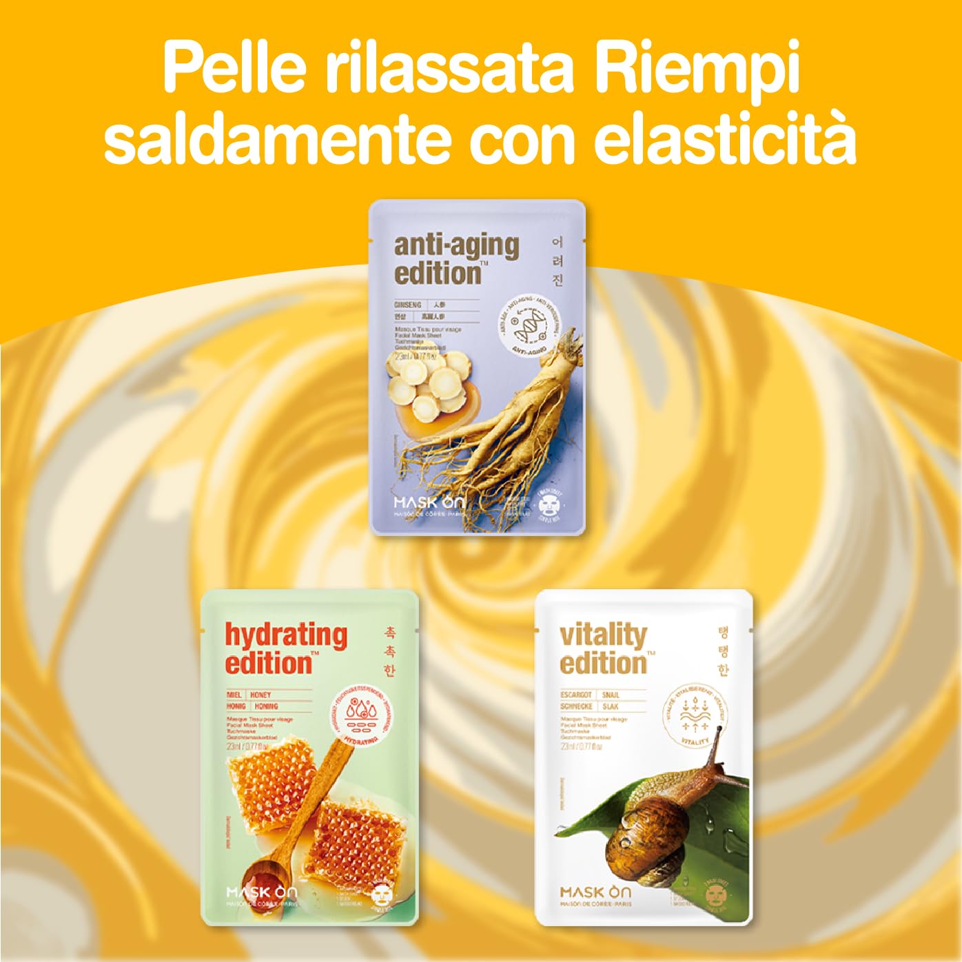 [MASK ON] Maschera viso coreana (20 PACK) - Idratante, Antietà, Lenitivo, Illuminante, Rassodante, Nutriente- Routine completa con ingredienti naturali