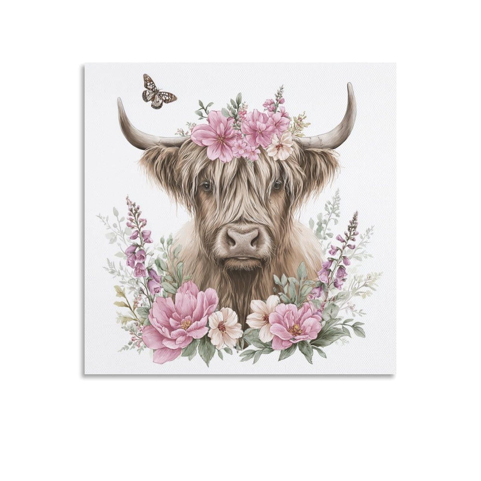 Jubonexis Highland Cow Pink Flower Crown Butterfly Canvas Wall Art Poster Painting Aesthetic Picture for Living Room Farmhouse Decor Unframed 16x16inch(40x40cm)