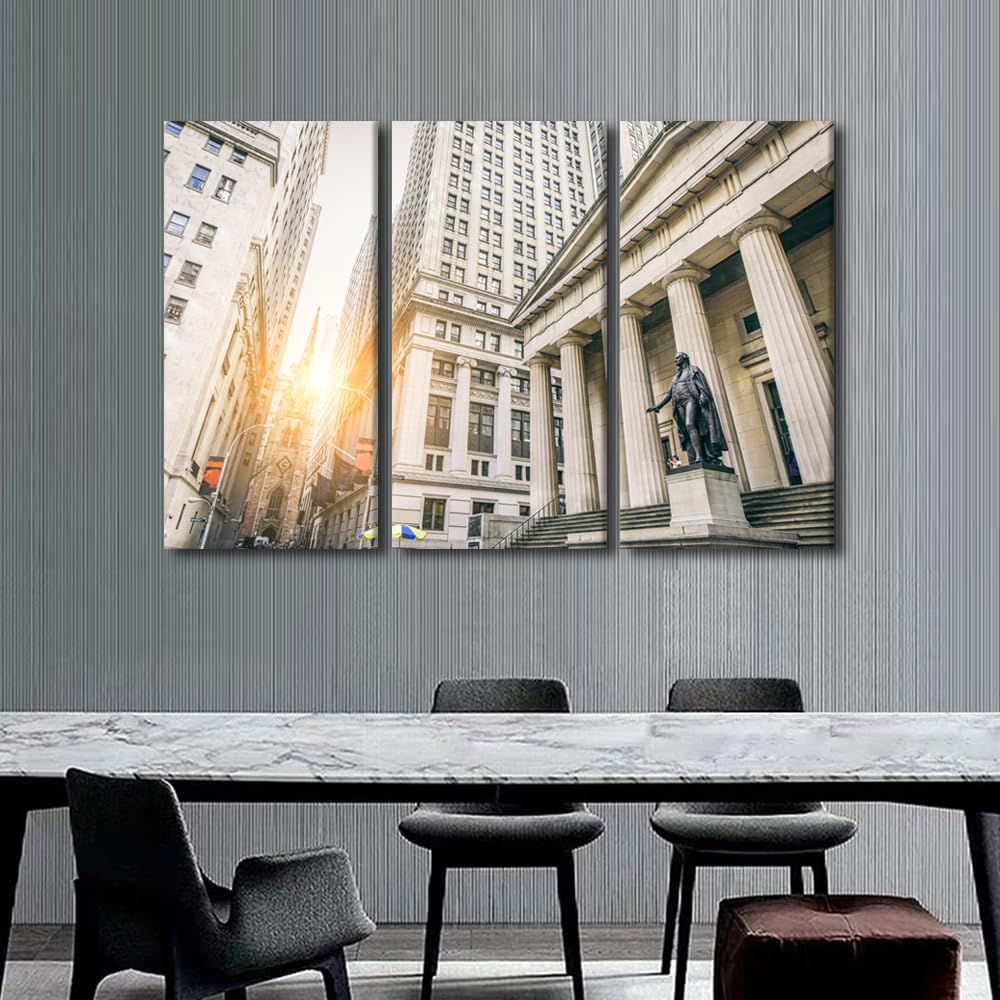 TUMOVO New York Stock Exchange Entrance Pictures for Living Room Wall Decoration Large Wall Art 3 Piece Wall Art Home Artwork Wall Decor Canvas Frame Wall Hanging Decor Posters, 60x40 Inches