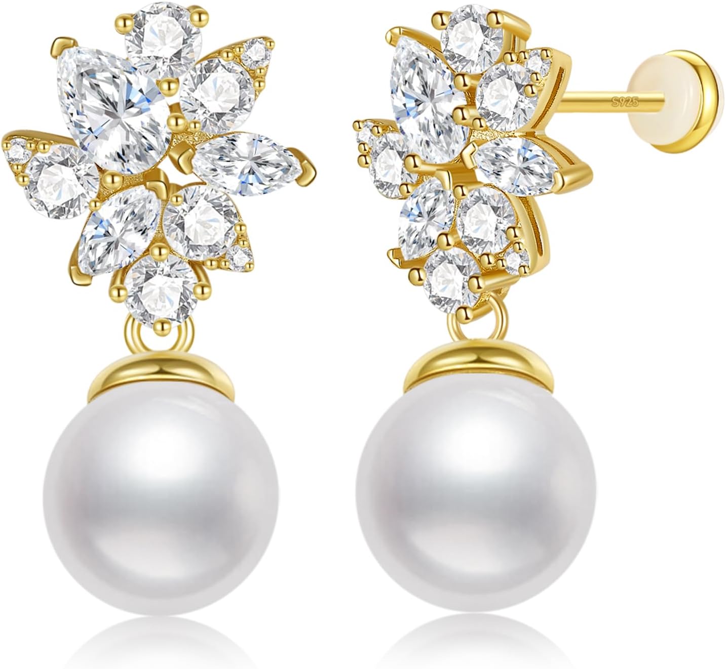 S925 Silver Pearl Dangle Drop Earrings Stud Earrings for Brides, 14K Gold Plated Bridal Jewelry with 5A Cubic Zirconia for Wedding Hypoallergenic - Image 7