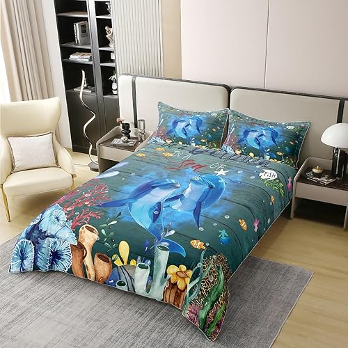 Miniatura 2 de Erosebridal Lindo delfín - Funda de edredón de algodón 100% natural para adultos y adolescentes, juego de ropa de cama de olas de mar azul, funda de