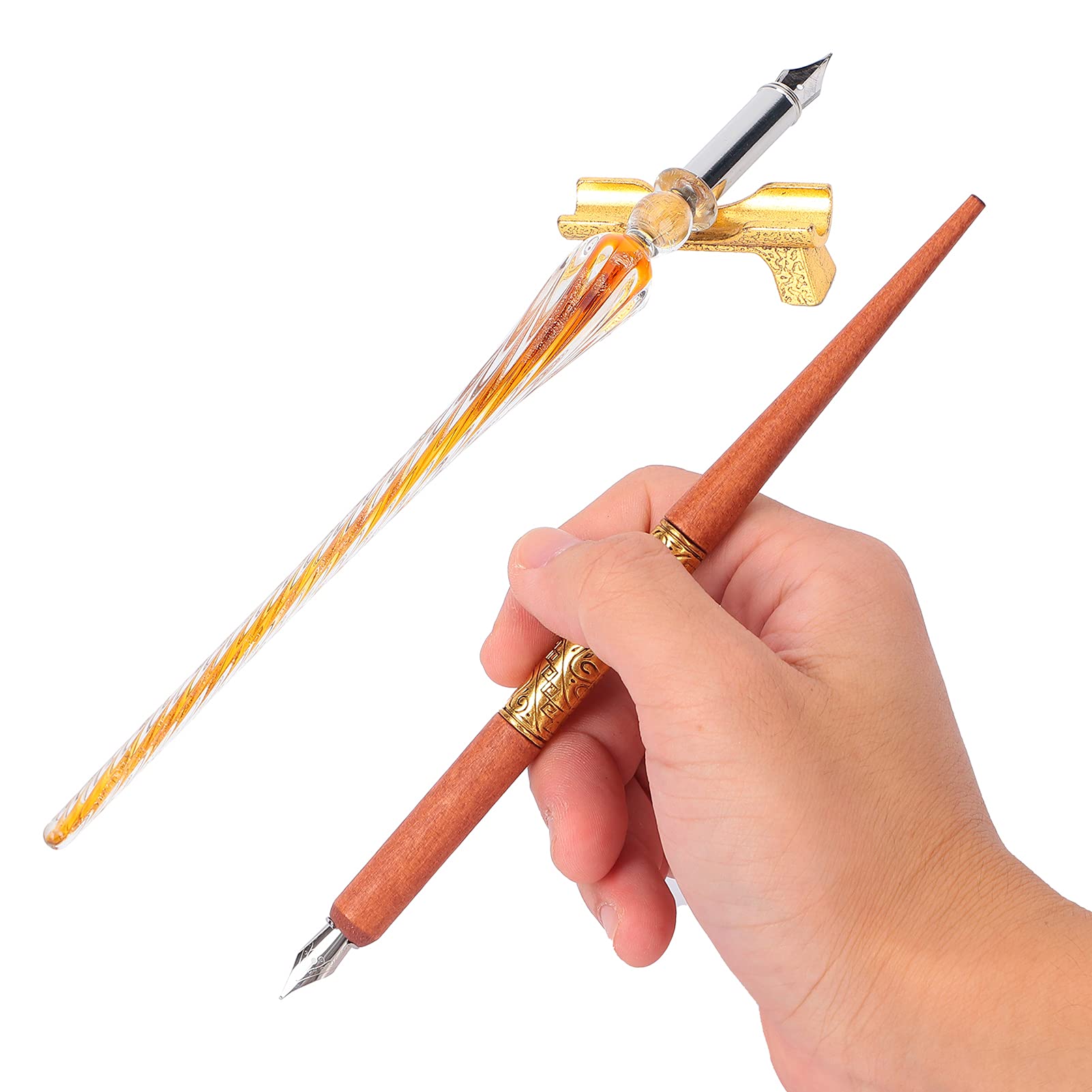 Penna calligrafia, per pennuccia rotonda piatta con supporto inchiostro, calligraphy dip penna, (in oro marrone)