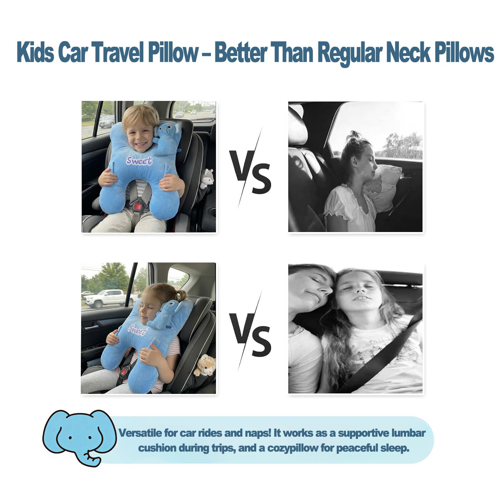 Devineresse Cuscino da viaggio per bambini, forma H, con supporto laterale, rimovibile, cuscino per dormire in auto, in viaggio, in velluto con elefante