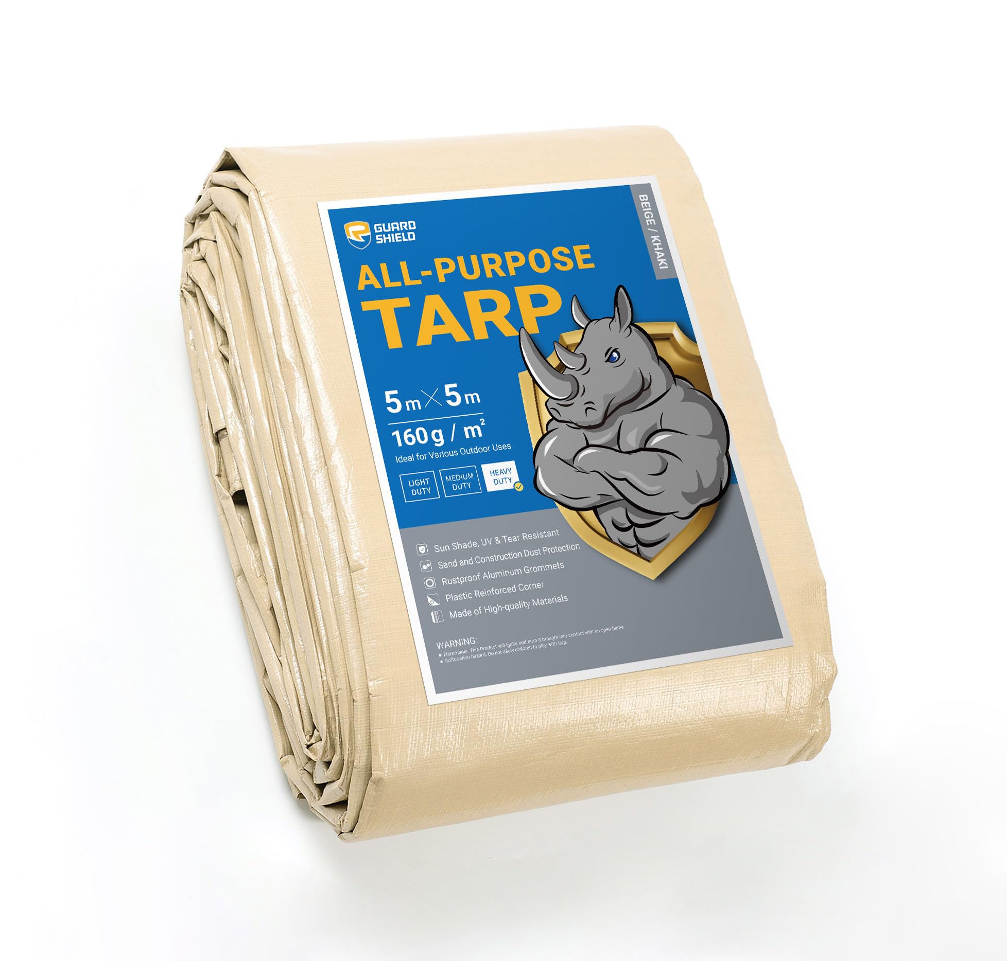 GUARD SHIELDHeavy Duty Tarpaulin Sheet 5x5m Beige/Khaki Tarp Multi Purpose UV Resistant Waterproof Ground Cover 160g/m²