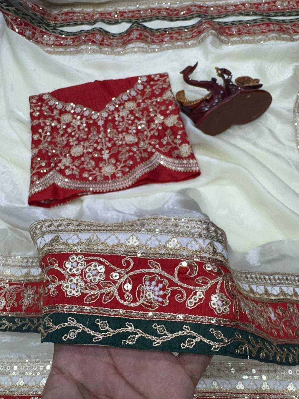 White Organza Saree with Red Embroidered Border and Blouse, Bridal Wedding Wear