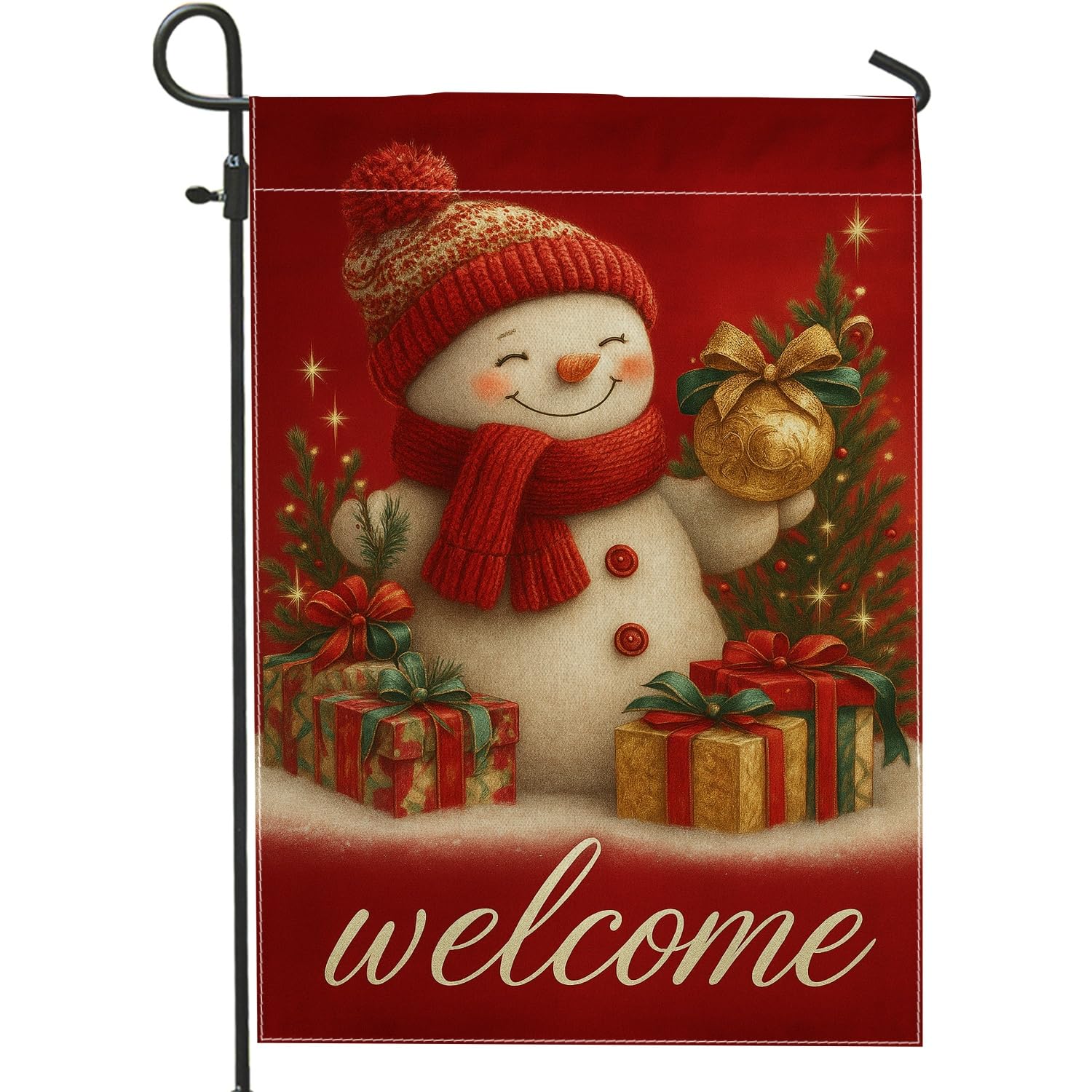 Snow Man Garden Flag, Christmas Festive Presents Xmas Tree Red Burlap Double Sided Yard Decorative Flags for Outdoor Patio Lawn Porch Entrance Campsite 12x18 Inch