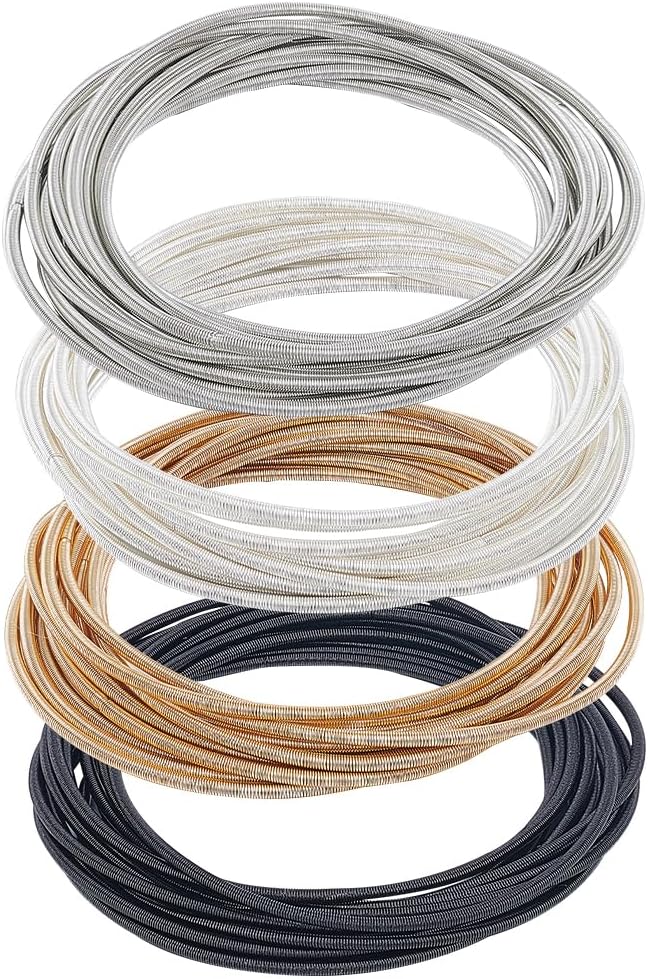 BENECREAT 48 Loops 4 Colors Spring Jewelry Wire, 2-1/4 inch Stackable Guitar String Bracelets Steel Memory Wire for Summer Jewelry Supplies Art Creation DIY Crafts, Black Platinum Silver Gold
