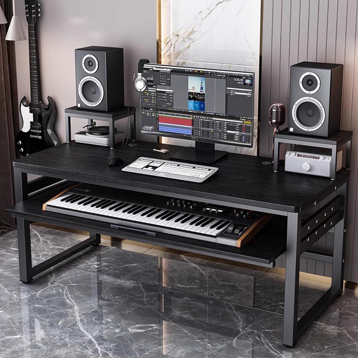 Music Production Studio Desk with MIDI Keyboard Stand, Multi-Tier Computer Workstation Shelf, Wood Top and Metal Frame (Walnut, 63IN)