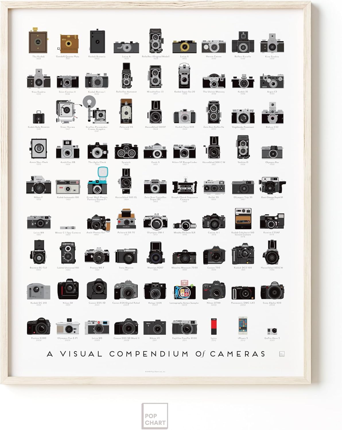 Pop Chart | Visual Compendium of Cameras | 16" x 20" Art Poster | Camera Decor for Living Room and Office | Illustrated History of Notable Cameras | 100% Made in the USA