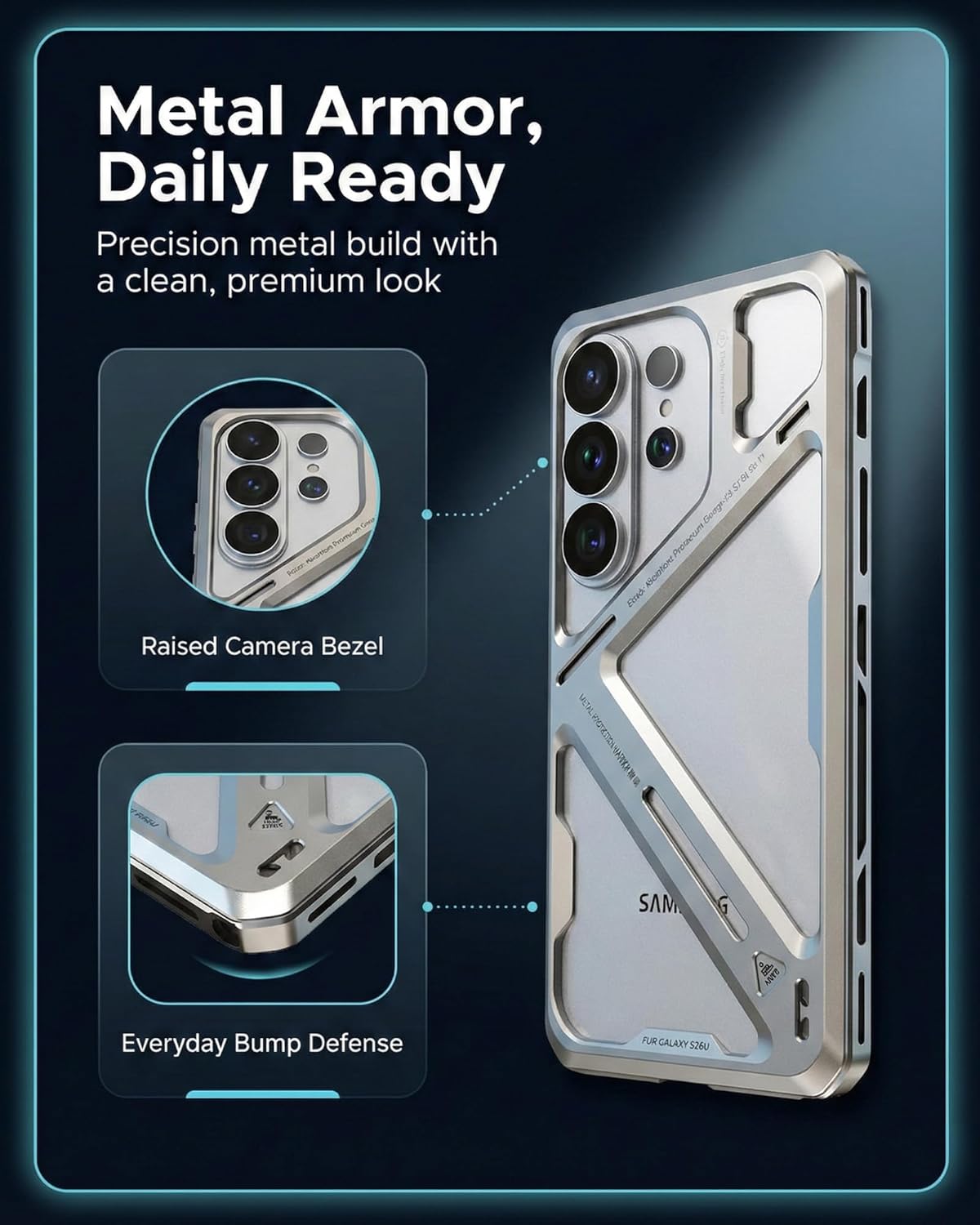 Aluminum Case Compatible with Samsung Galaxy S26 Ultra, Metal Frame with EVA Lining, Lock Switch Fit, Raised Bezels and Crisp Metal Buttons, Titanium