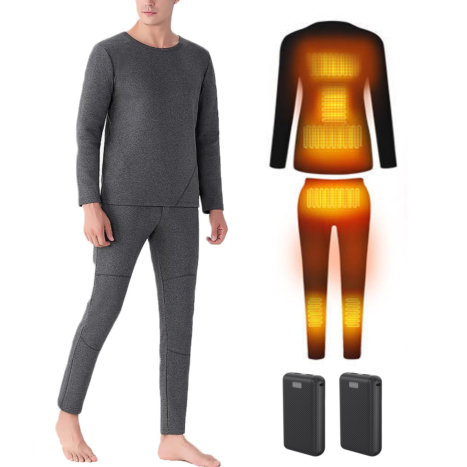 TOVCHEI Heated Thermal Underwear Set with Battery USB Electric Heating Shirt Pants Warm Fleece Base Layer Top & Bottom,Men grey,3XL