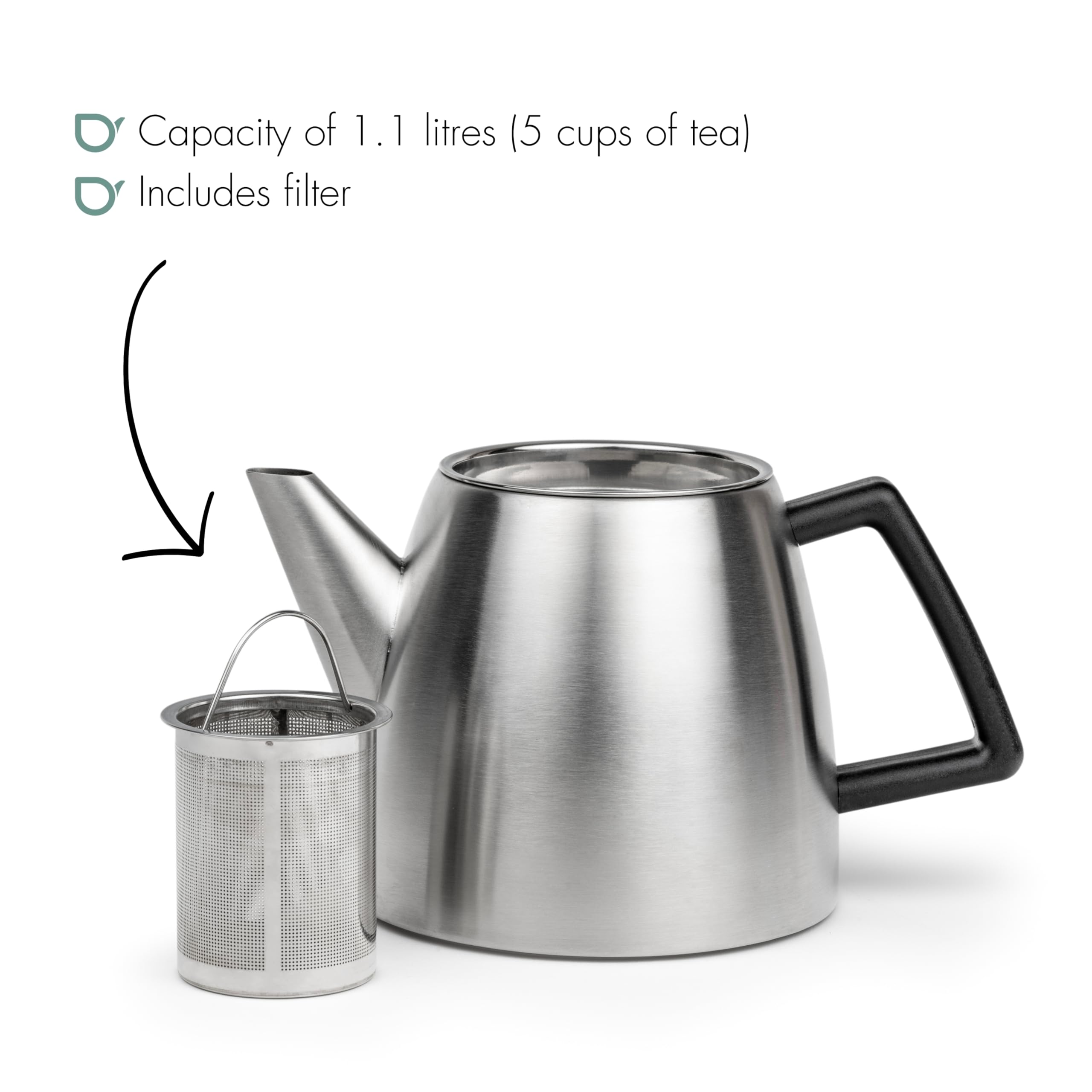 Bredemeijer Tetera pequeña plateada de 1,1 litros, de acero inoxidable, doble pared, mate, con filtro de té, para disfrutar del té durante más tiempo