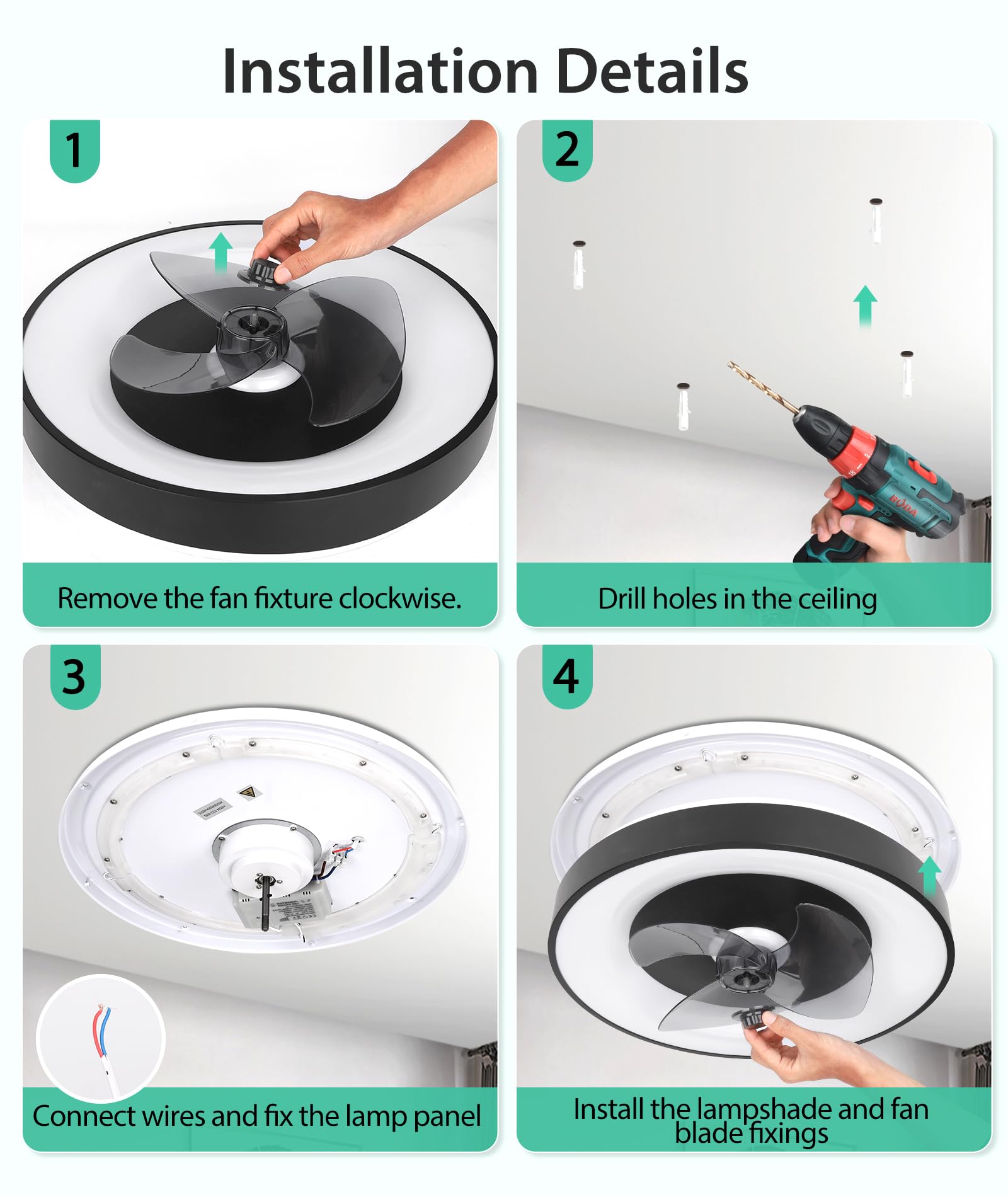 Aigostar Ventilatore da Soffitto con Luce, Compatibile con Alexa, 40W, 4400LM, 2700K-6500K Dimmerabile, 6 Velocità, φ50CM - Ventilatore Soffitto Smart con Telecomando e Gateway, per Soggiorno