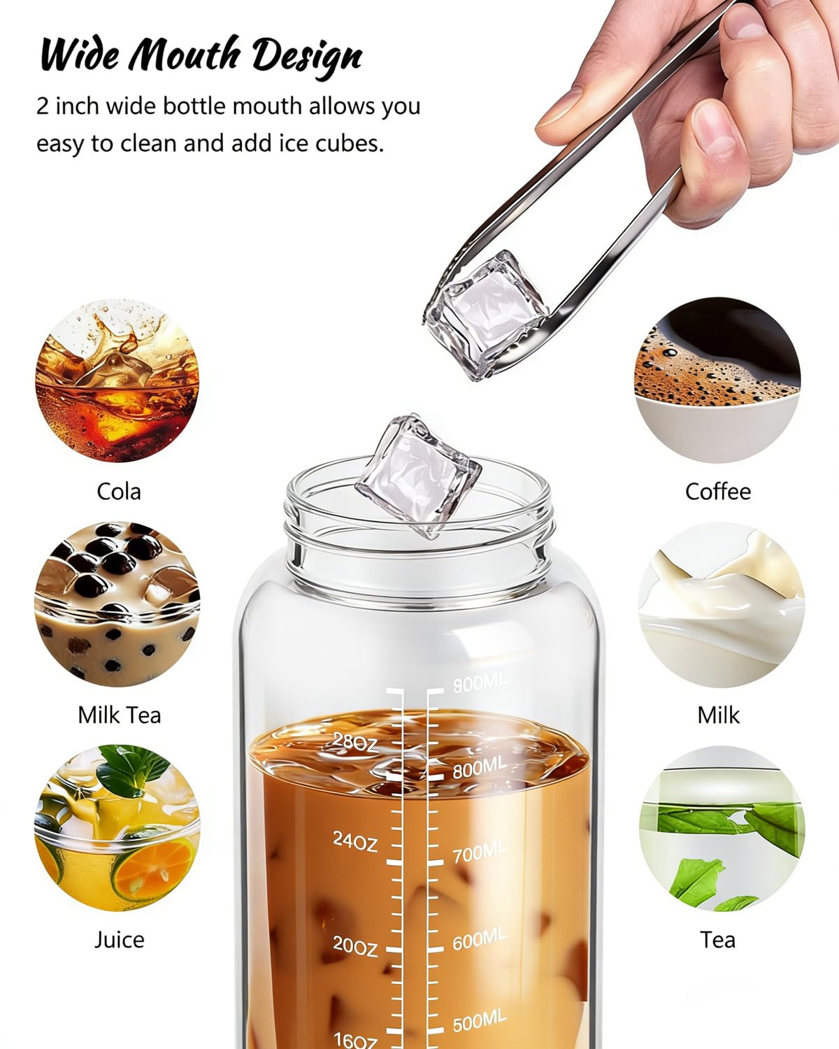 Nefeeko 963 ml Glas-Wasserflaschen mit Strohhalm, motivierende Glas-Wasserflasche mit Zeitmarkierung, 1 Liter, BPA-frei, auslaufsicher, Bambusdeckel, Auslaufdeckel