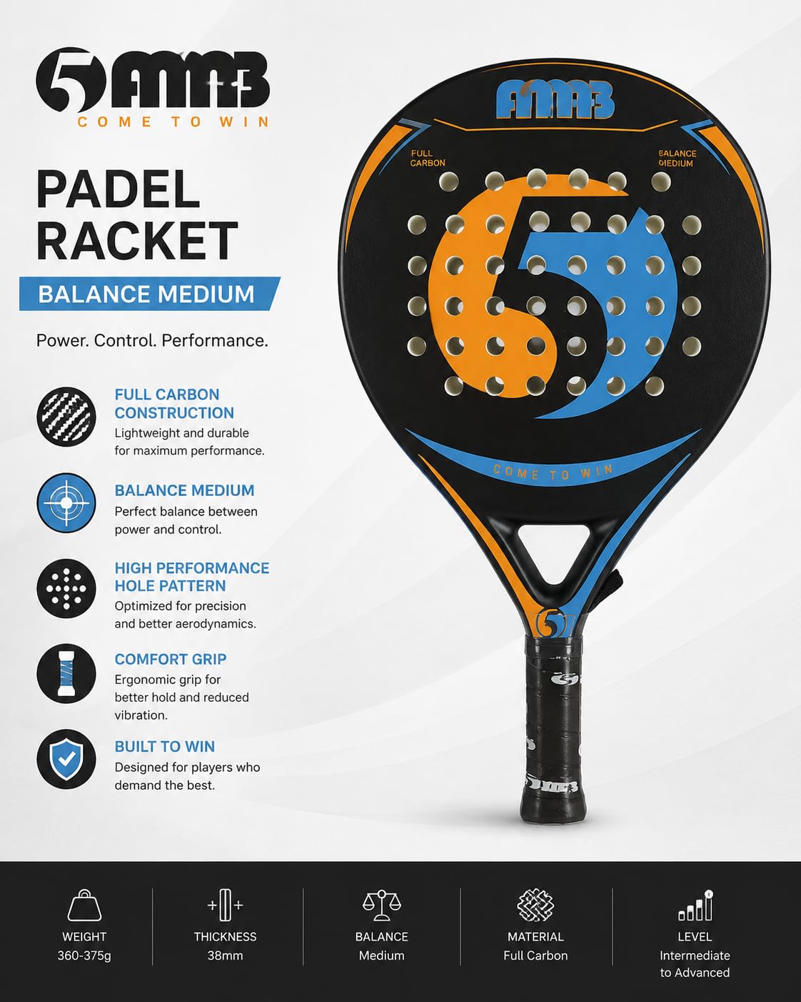 Femti Racchetta da paddle in 100% fibra di carbonio, racchetta da paddle professionale per adulti, leggera e resistente, ultra morbida in schiuma EVA, perfetta per principianti e giocatori di tutte le