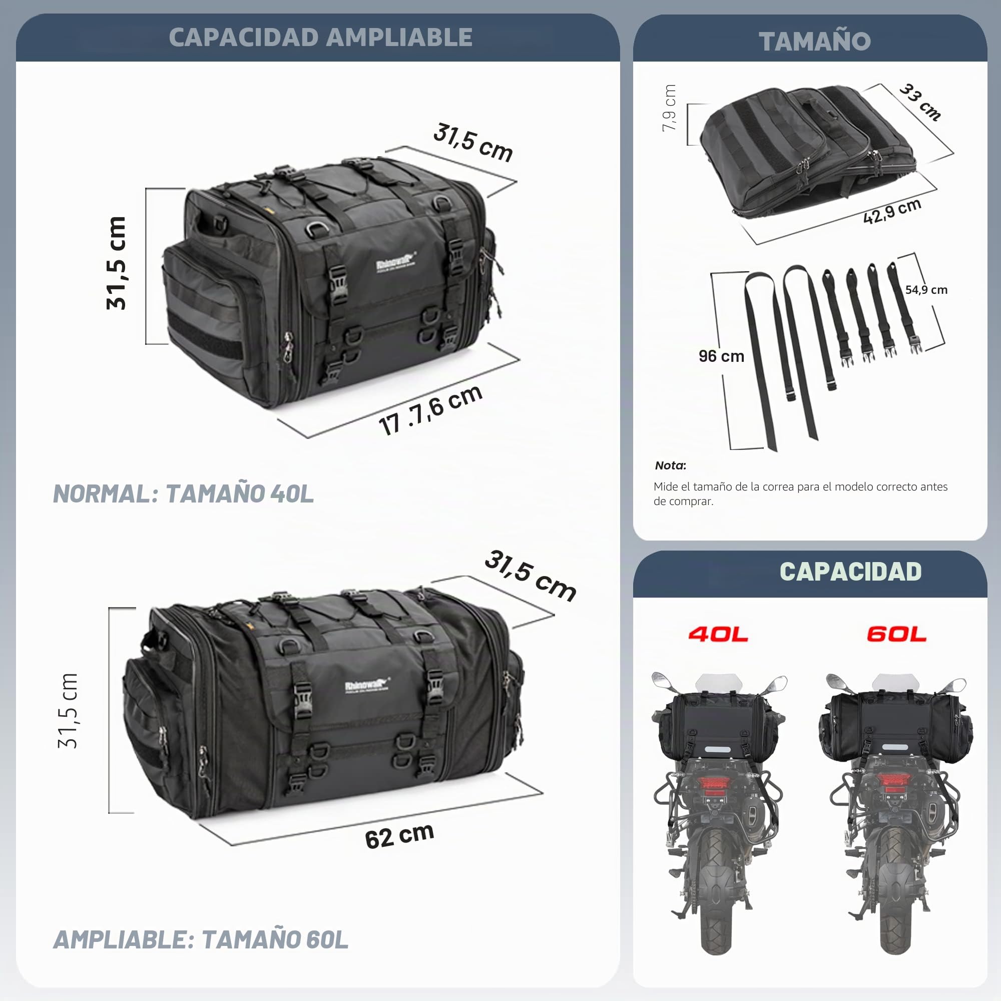 Rhinowalk - Alforja para Moto de 40-60 l, Impermeable, para Asiento Trasero