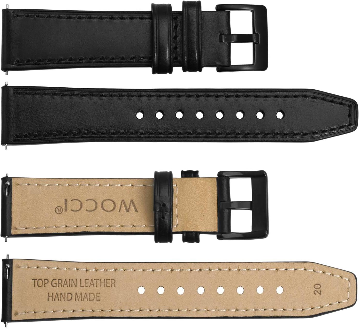 WOCCI 20mm Elite Watch Band, Top Grain Leather, Quick Release, Black Buckle (Black) - Image 2