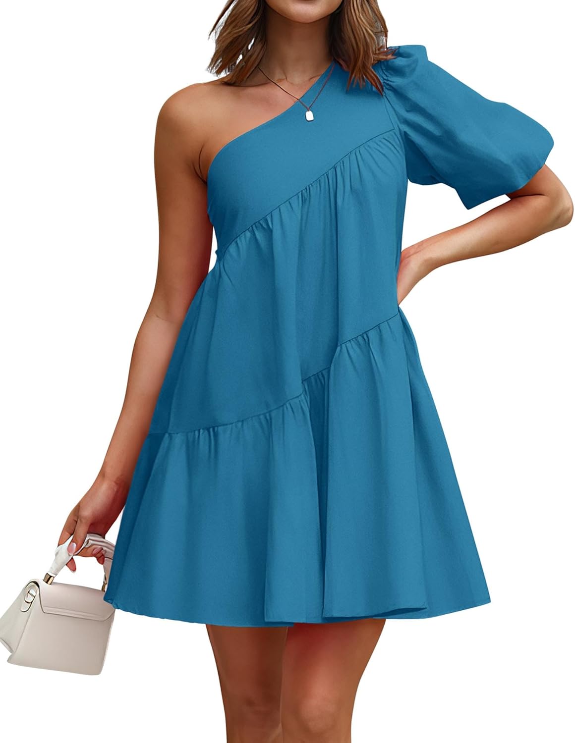 KIRUNDO Summer One Shoulder Mini Baby Doll Dresses Women 2026 Casual Puff Sleeve Loose Tiered A Line Flowy Short Dress