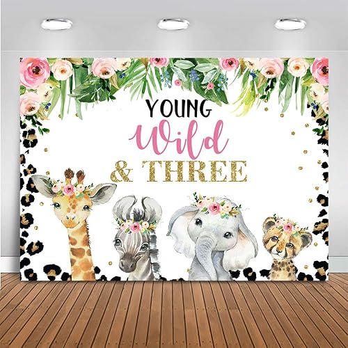 Mocsicka Young Wild and Three Backdrop Girls Safari Theme 3rd Birthday Party Decoration 7x5ft Pink Floral Leopard Photo Background for Birthday Banner (7x5ft (82x60 inch))