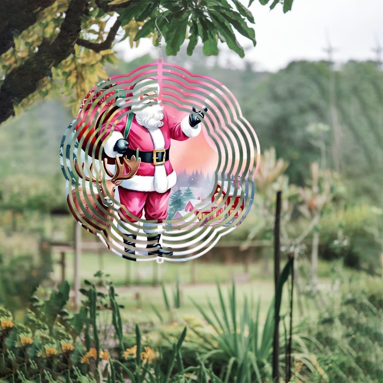 Pink Deer Santa Claus Christmas Wind Spinners 3D Stainless Steel Laser Cut Metal Double Sided Printing-Hanging Indoor/Outdoor Decorations Yard Gardening Decor,Metal Kinetic Art 14x14 inches