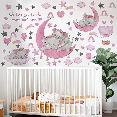 Miniatura 3 de Suplante Dream Big Little One Elefante - Decoración de pared de elefante, estrellas de luna rosa, estrellas y globo aerostático para guardería,