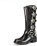 DREAM PAIRS Bottes de moto à haute boucle de genou pour femmes Bottes à moto à talons ronds à talon moyen Bottes d'équitation