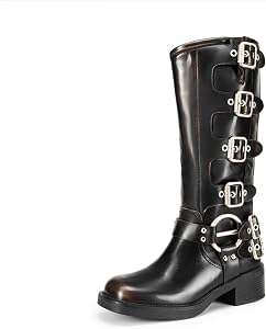 DREAM PAIRS Women's Knee High Buckle Boots Motorcycle Biker Boots Square Toe Chunky Mid Heel Fashion Buckles Riding Boots